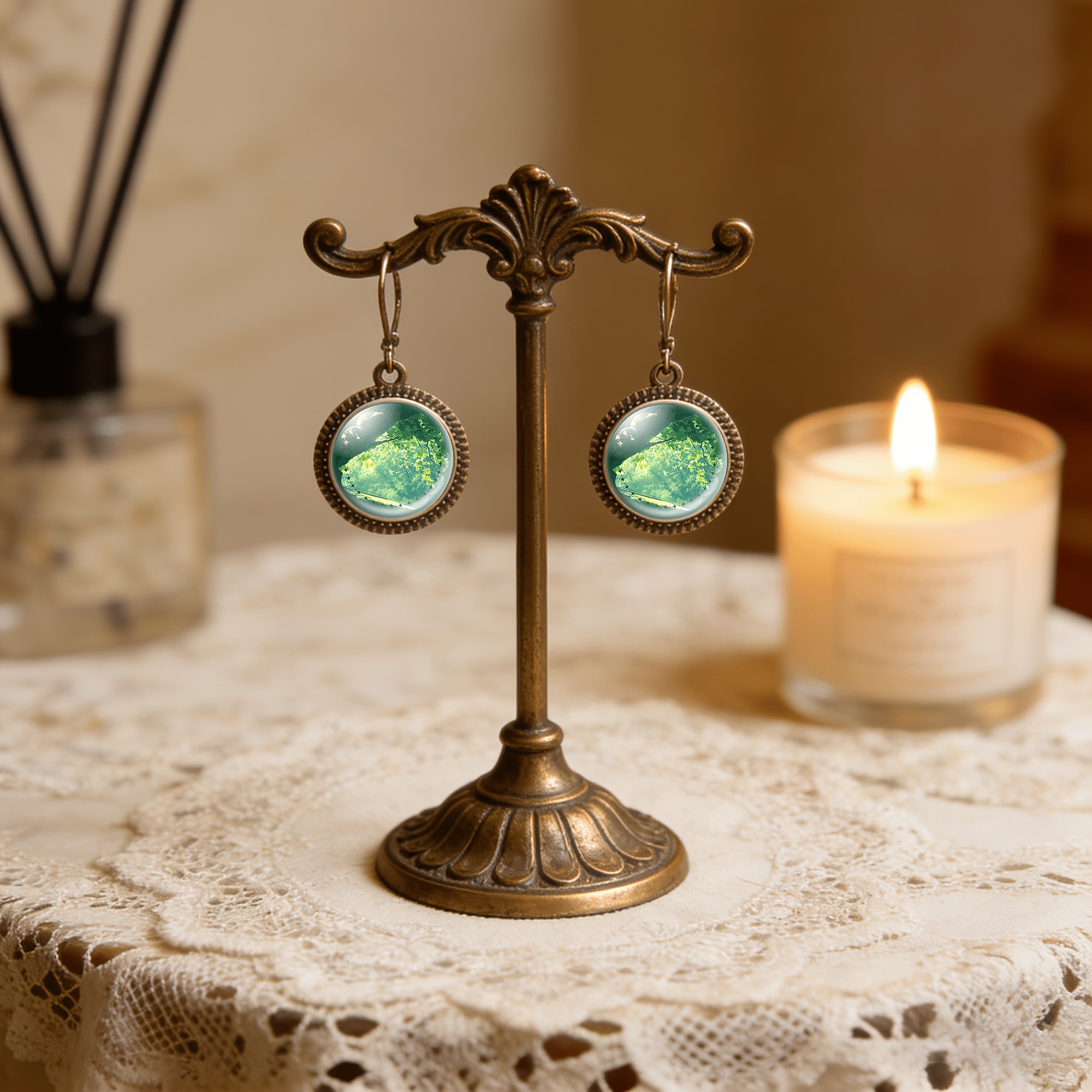 2pc Green Natural Scenery Pendant Earrings Set